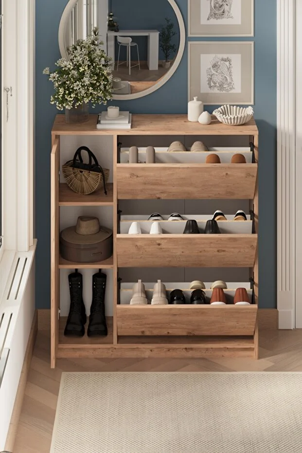 Düşer Kapak Ayakkabılık 4 Kapaklı 6 Bölmeli Kayar Raflı Ayakkabılık